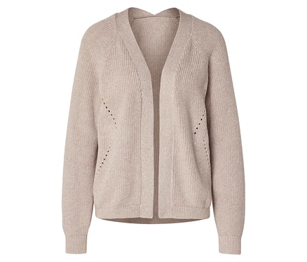 Cardigan en maille beige à manches longues et col en V, ouvert sur le devant.