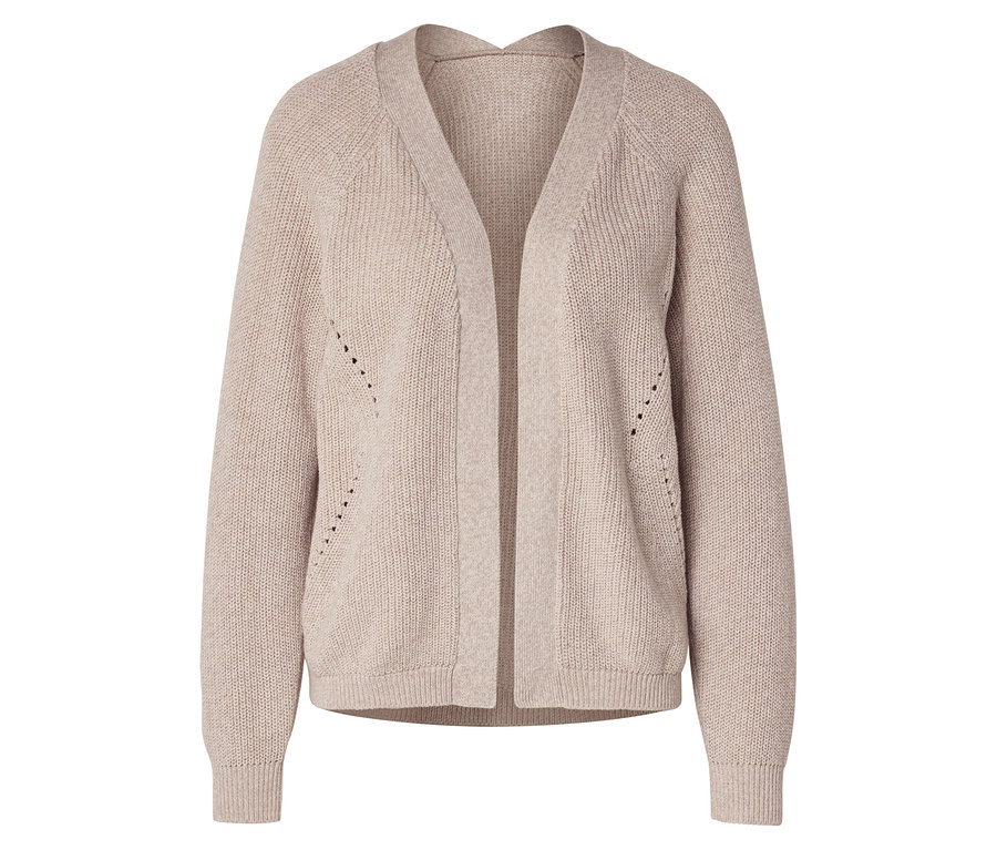 Cardigan en maille beige à manches longues et col en V, ouvert sur le devant.