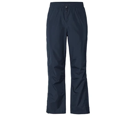 Pantalon de pluie bleu marine avec cordon de serrage à la taille élastique, sur fond blanc.