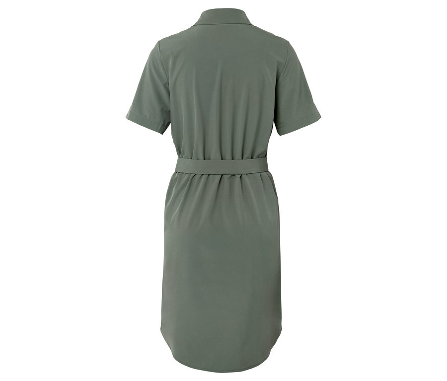 Vue arrière d'une robe chemise vert olive à manches courtes et ceinture.