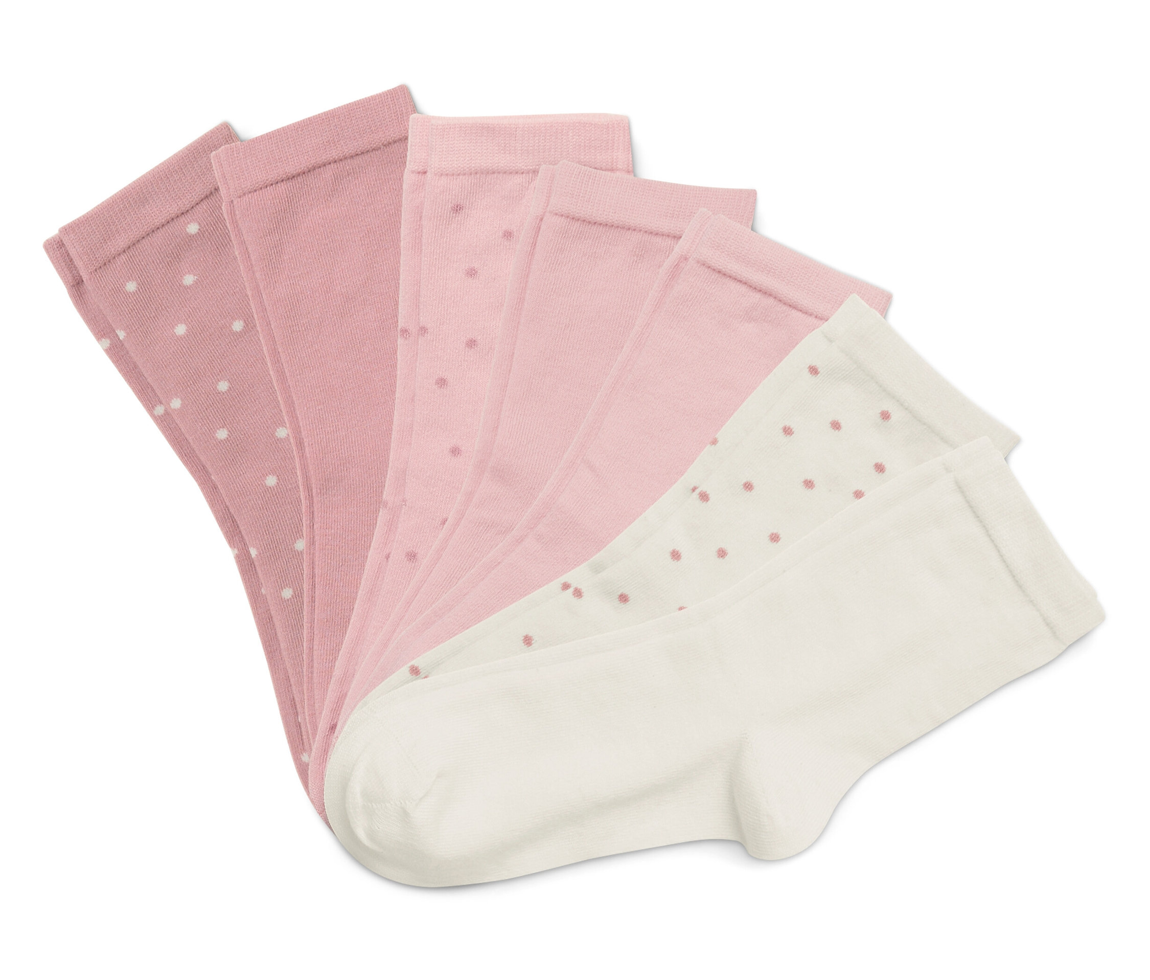 Cinq chaussettes disposées en éventail sur un fond blanc. Les chaussettes sont roses et blanches à pois.