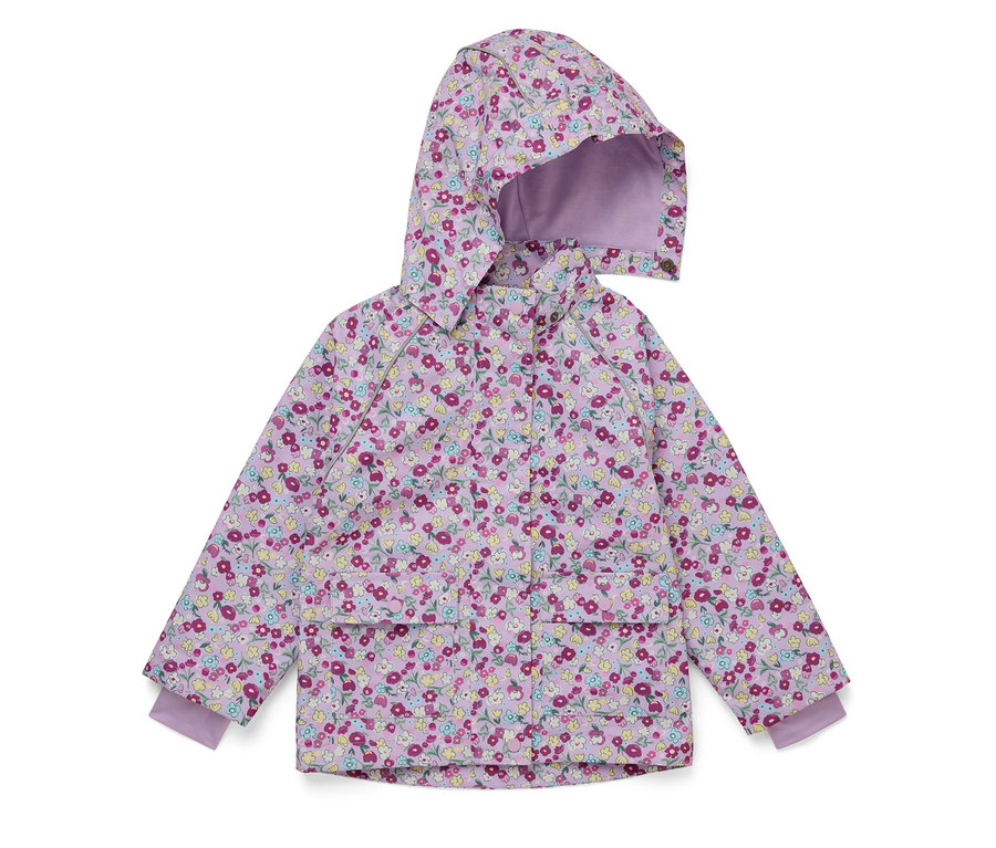 Veste de pluie violette pour enfant avec motif floral et capuche.