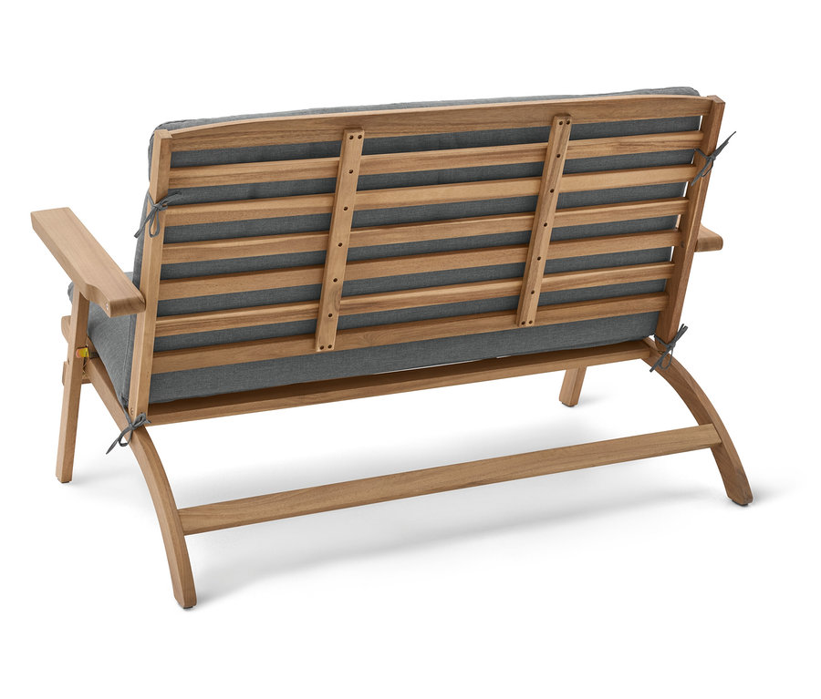 Vue arrière d'un banc de jardin en bois avec des coussins gris.