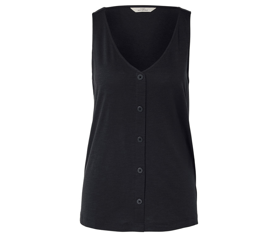 Débardeur noir à col en V avec patte de boutonnage.