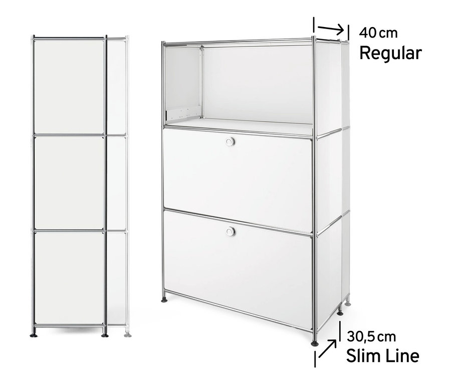 Deux étagères métalliques blanches «
CN3 Slim Line
» sont présentées sur fond blanc. L'étagère de gauche est une étagère étroite avec trois compartiments ouverts. L'étagère de droite est une étagère plus large avec un compartiment ouvert et deux compartiments à rabat.