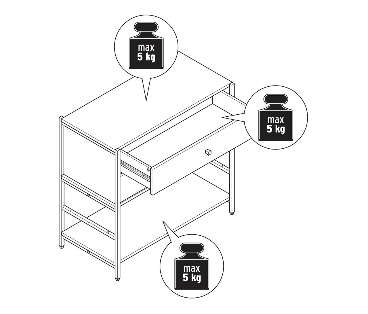 Vue de dessus d'une commode « GRADE » avec deux tiroirs, dont l'un est ouvert. Charge maximale de 5 kg.