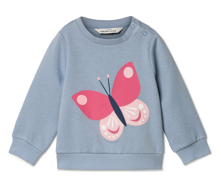 Sweat-shirt bleu clair avec papillon rose.
