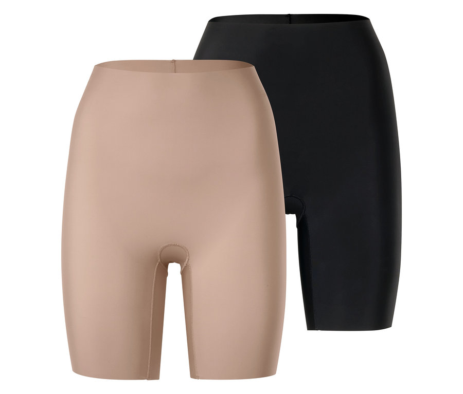 Deux shorts gainants, un beige et un noir, sont présentés sur un fond blanc.