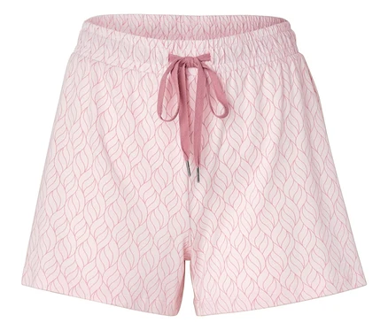Gros plan d'un short avec un motif rose et un cordon de serrage.