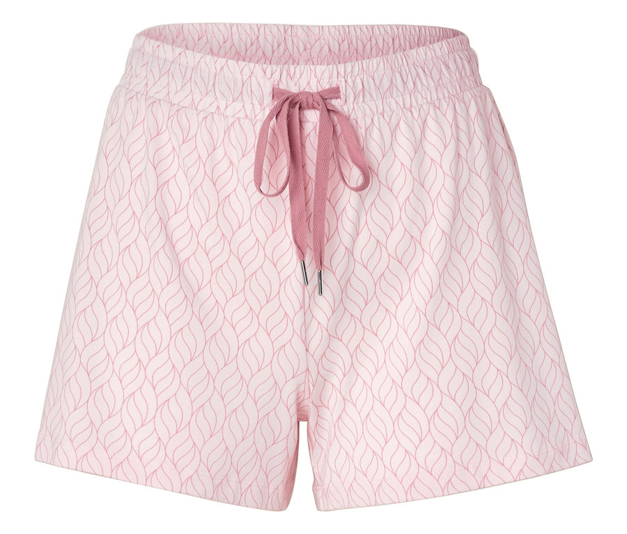 Gros plan d'un short avec un motif rose et un cordon de serrage.