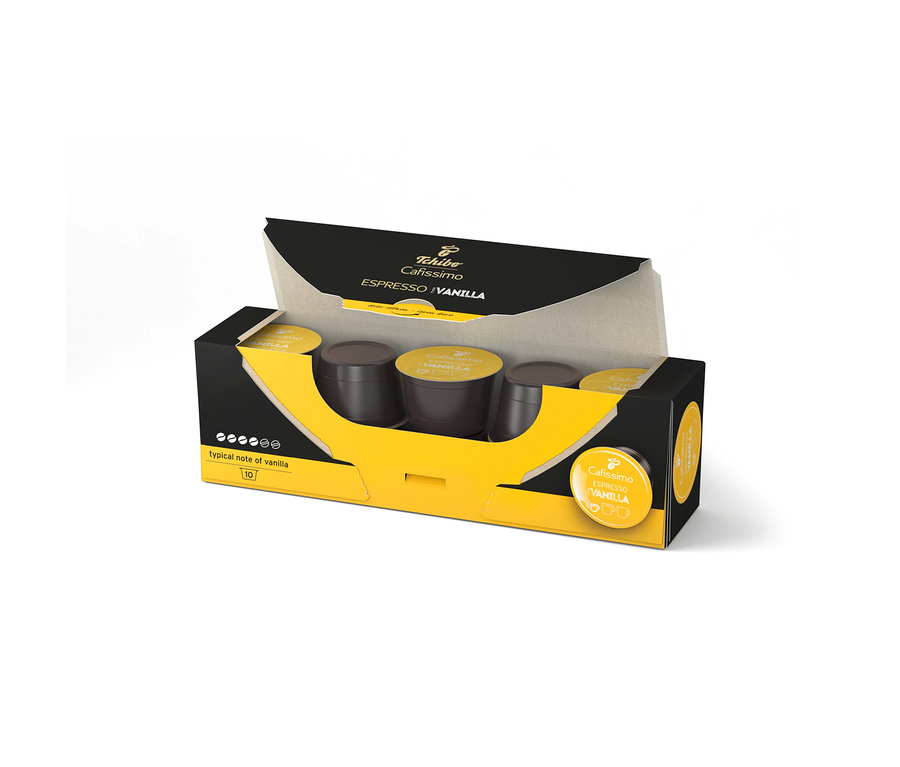 Un paquet ouvert noir et jaune de Cafissimo Flavoured Espresso - Vanilla - 10 capsules.