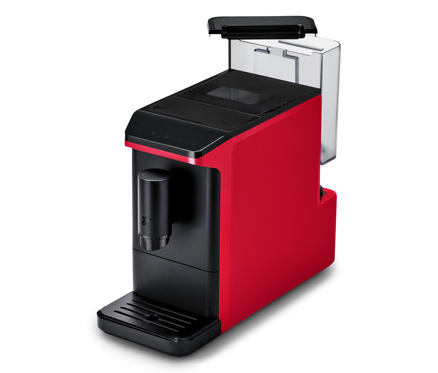 Machine à café entièrement automatique « Esperto mini », Lovely Red, rouge et noire, avec réservoir d'eau à droite.