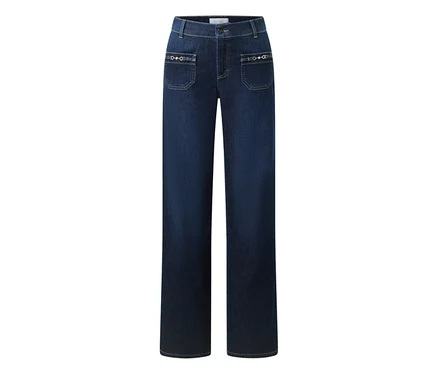 Jean bleu foncé à jambes larges et taille haute. Deux poches plaquées à l'avant avec des anneaux métalliques décoratifs.