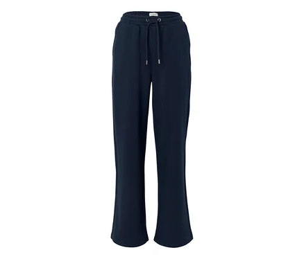 Pantalon de jogging ample bleu foncé avec taille élastique, cordon de serrage et poches latérales.