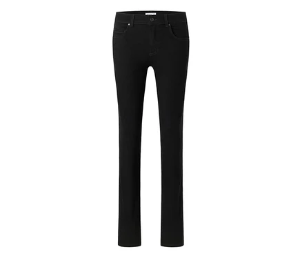 Pantalon noir à cinq poches avec une coupe droite.