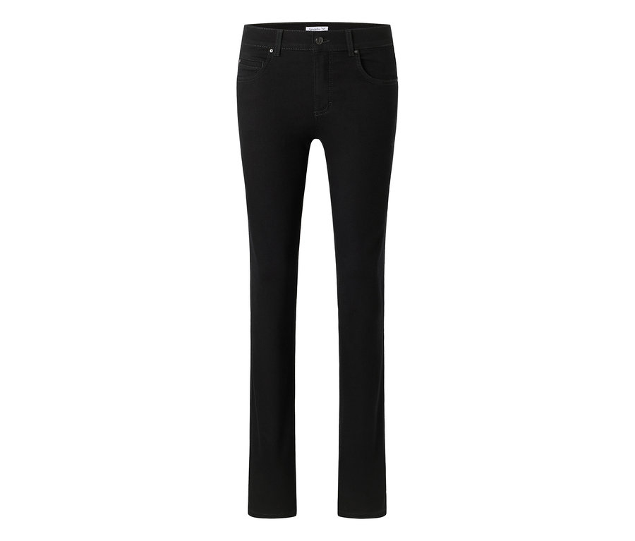 Pantalon noir à cinq poches avec une coupe droite.