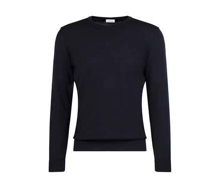 Pull en maille fine Seidensticker bleu marine à col rond et manches longues, posé à plat.
