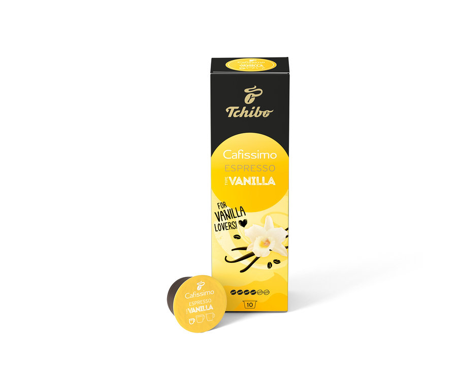 Une boîte de Cafissimo Flavoured Espresso - Vanilla - 10 capsules et une capsule individuelle sur fond blanc.