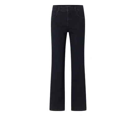 Jean bleu foncé à coupe droite et taille haute, sur un fond blanc.