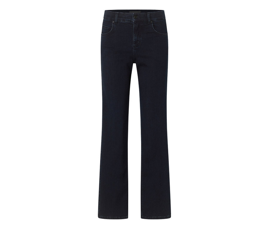 Jean bleu foncé à coupe droite et taille haute, sur un fond blanc.