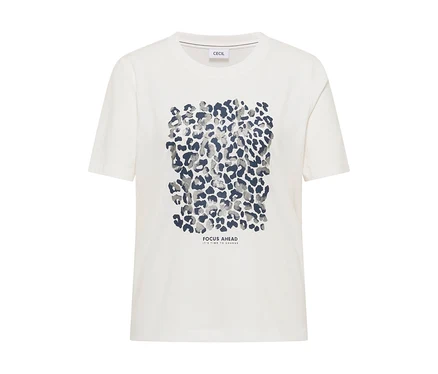T-shirt en jersey CECIL blanc avec un motif léopard bleu-gris et l'inscription 'FOCUS AHEAD'.