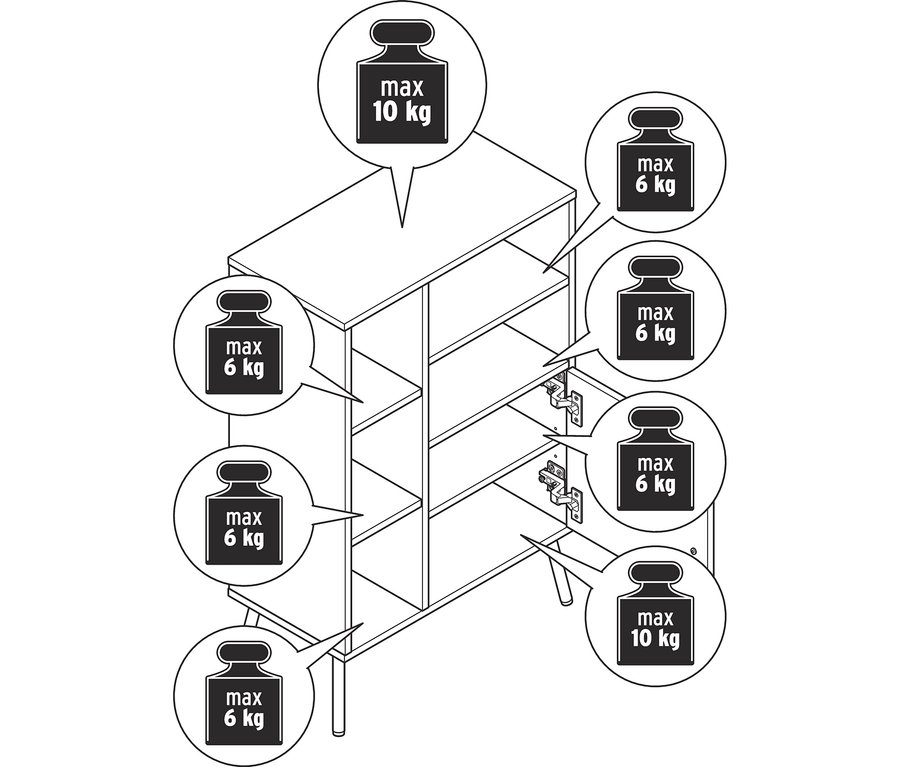 Commode aspect bois avec porte. Le plateau supérieur et l'étagère inférieure supportent chacun max. 10 kg, les six étagères intérieures supportent chacune max. 6 kg.
