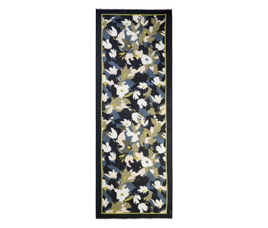 Foulard Olsen rectangulaire à fond sombre et motif floral abstrait blanc, rose clair, bleu clair et vert olive, encadré d'une fine bordure vert citron.