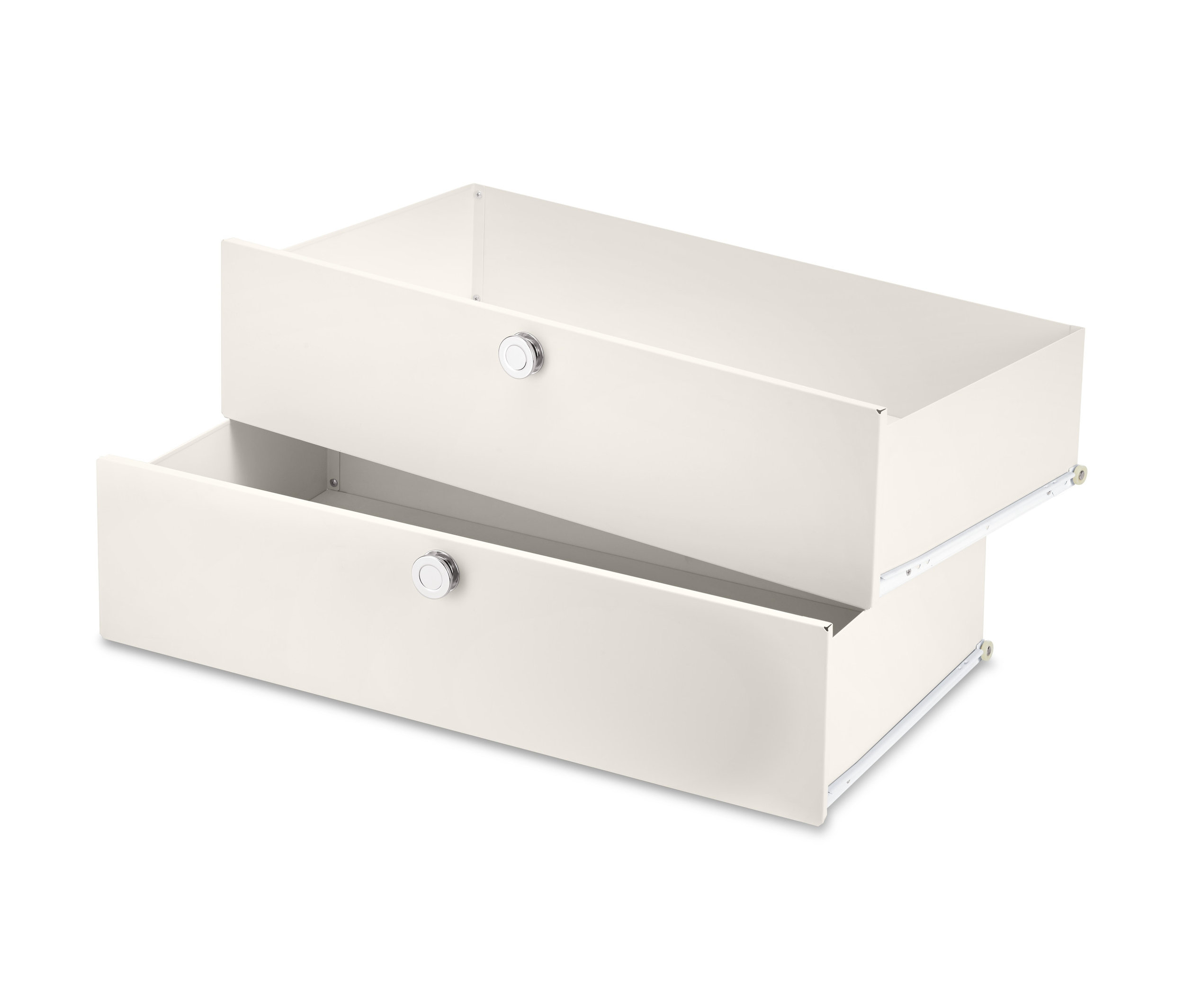 Deux jeux de tiroirs supplémentaires en métal blanc l'un au-dessus de l'autre, tous deux partiellement ouverts.
