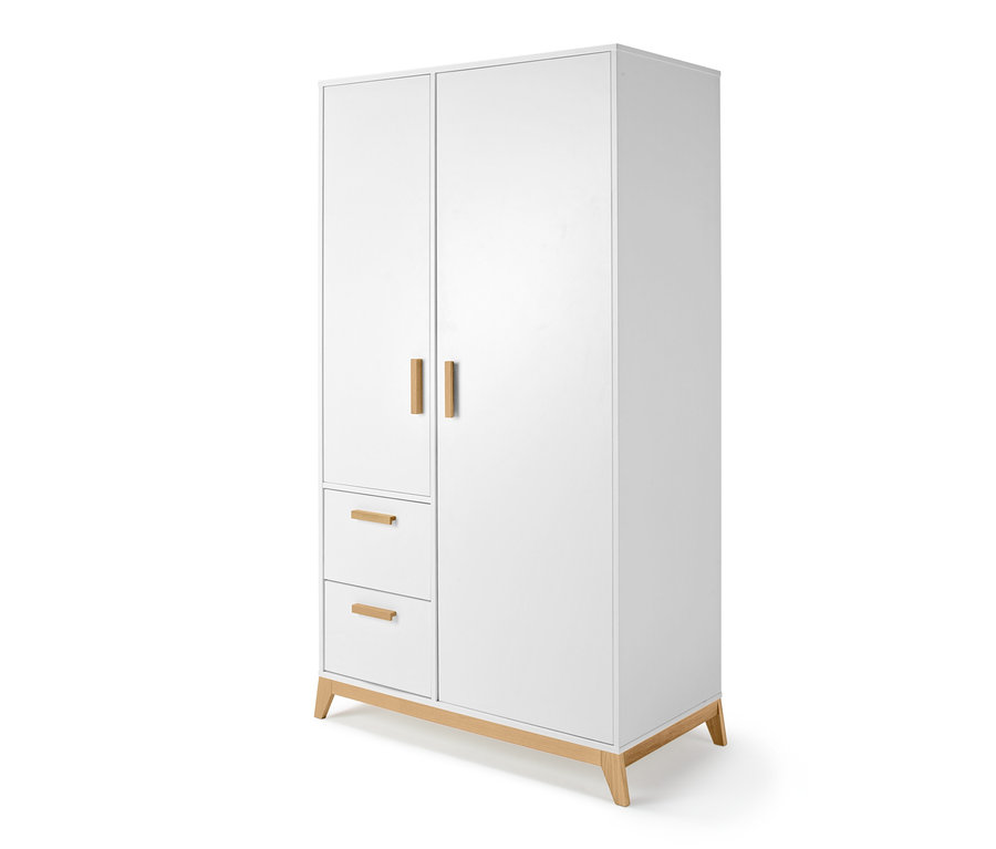 Armoire de chambre blanche avec deux portes et deux tiroirs.