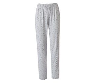 Haut rose<br>Pantalon gris clair chiné avec imprimé intégral multicolore à pois