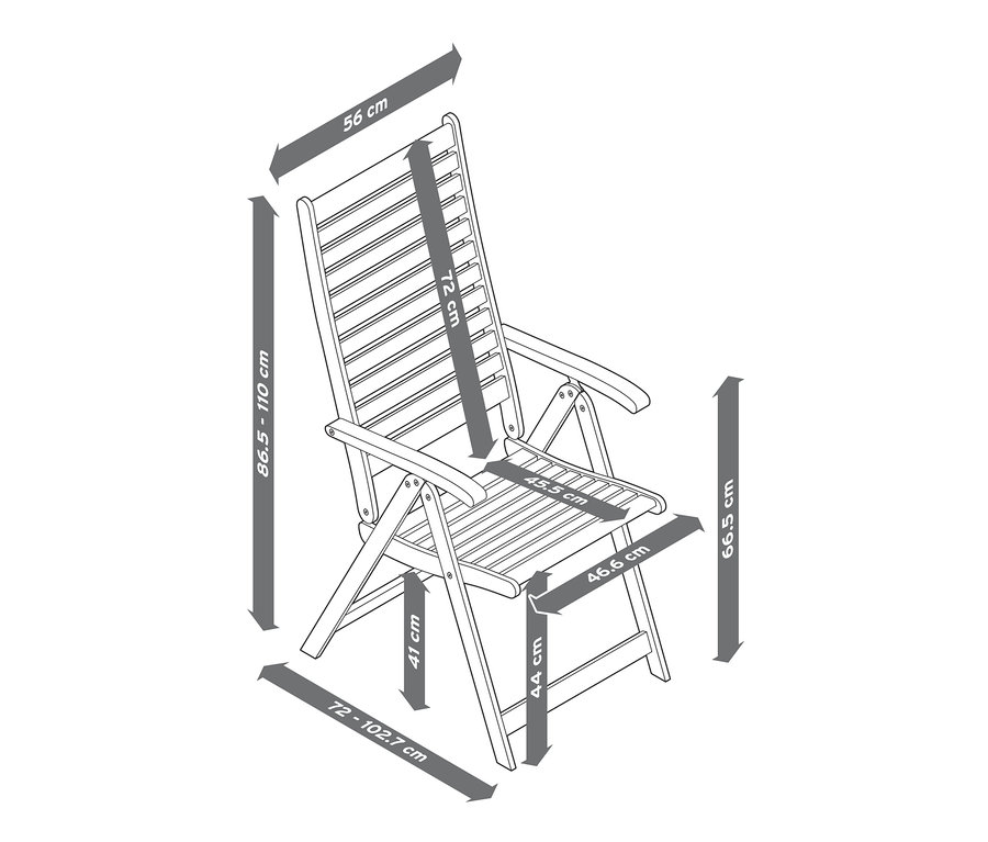 Schéma d'une chaise « Leira » avec dossier haut réglable et dimensions.