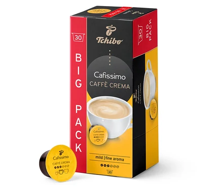 Paquet de 30 capsules Cafissimo Caffè Crema doux. La boîte est rouge, noire et jaune. Une capsule est posée à côté de l'emballage.