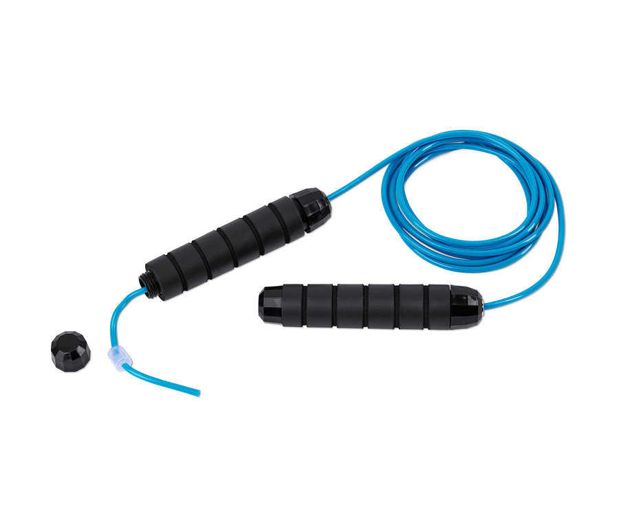 Corde à sauter bleue avec poignées noires et poids amovibles.