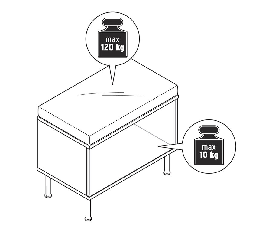 Schéma d'un banc avec compartiment de rangement, indiquant une capacité de charge maximale de 120 kg sur l'assise et de 10 kg dans l'espace de rangement.