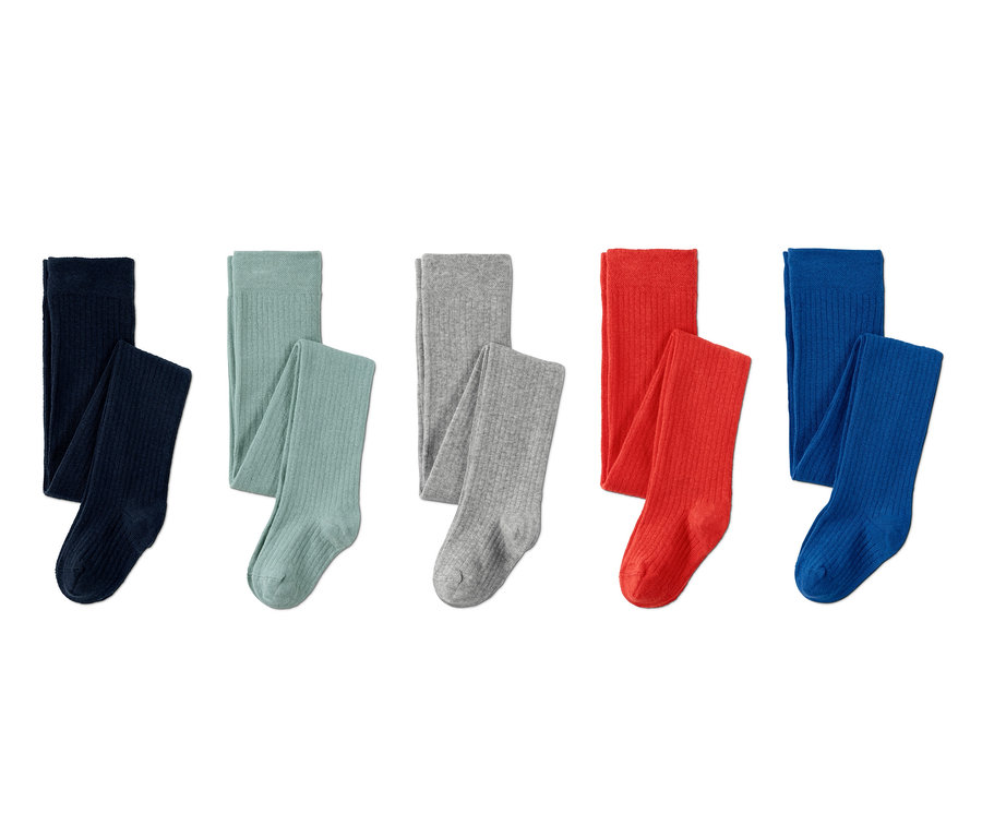 Cinq paires de chaussettes en matière côtelée bleu marine, vert clair, gris, rouge et bleu.