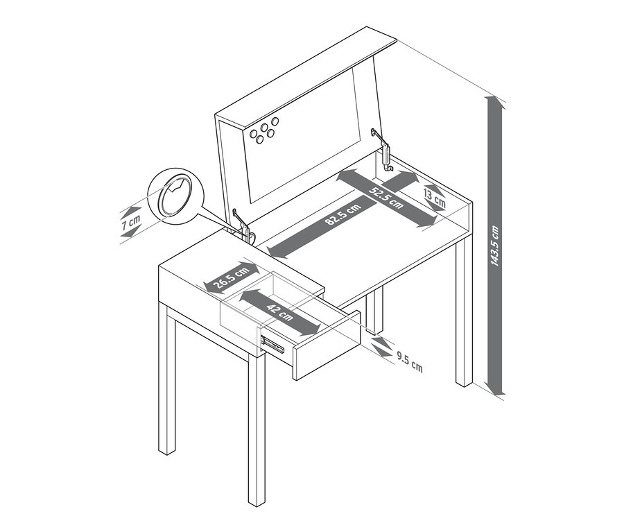 Un croquis d'un bureau-console, avec plateau relevable déplié avec des dimensions mises en évidence.