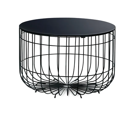 Table basse ronde noire avec plateau en verre.