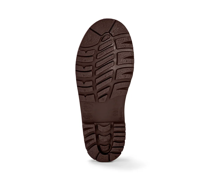 Semelle marron de bottes de pluie recyclables.