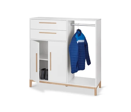 Commode blanche »Eklund« avec penderie, porte ouverte et chaussures à l'intérieur.