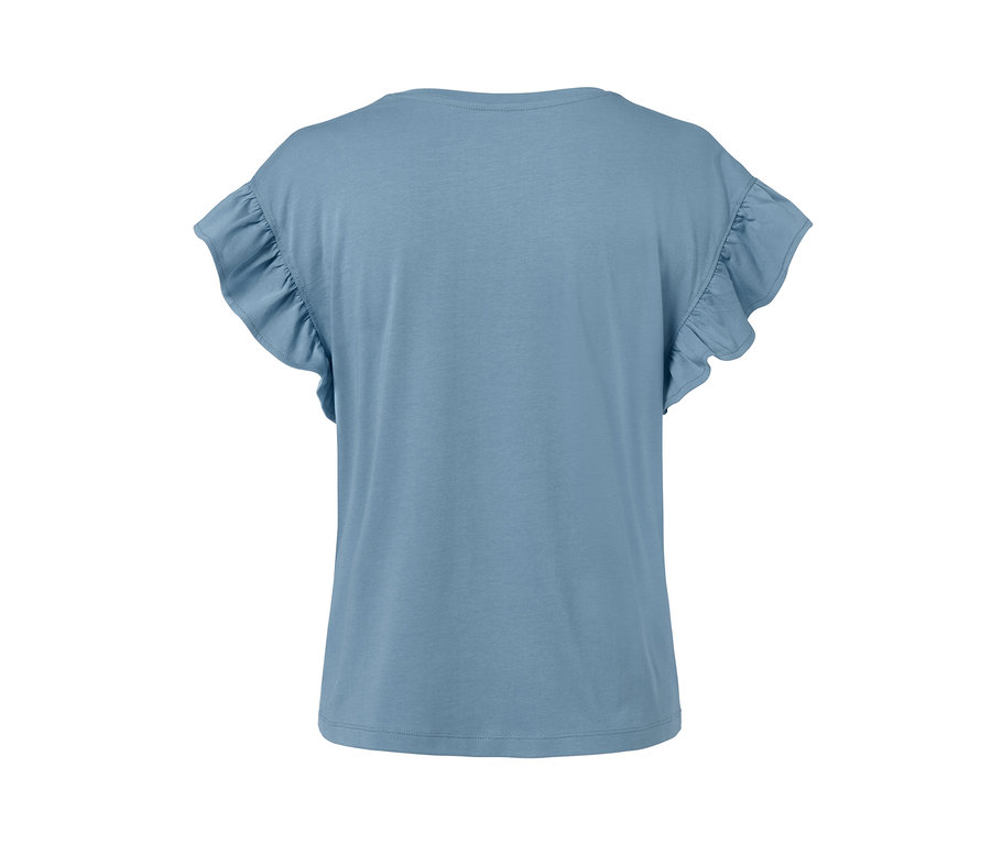 T-shirt bleu acier avec des volants sur les manches.