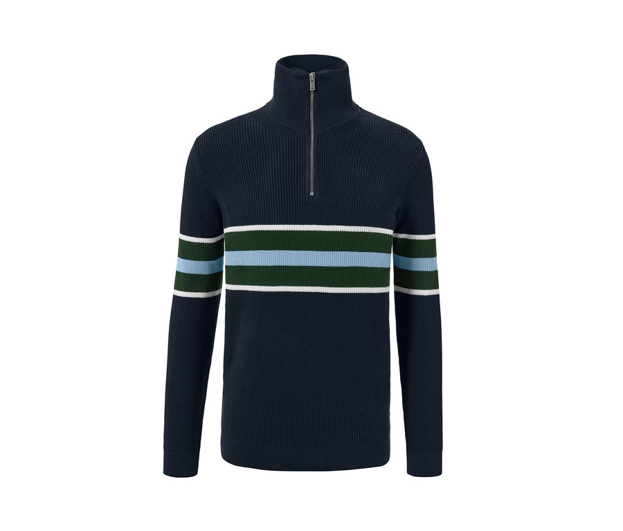 Un pull camionneur bleu marine avec des rayures sur la poitrine.