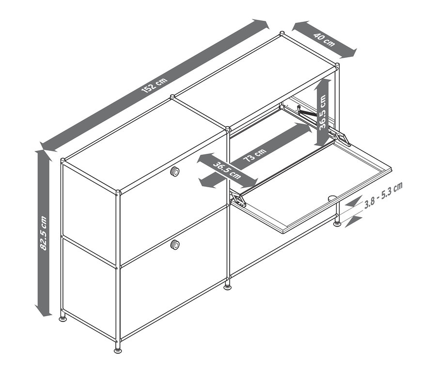 Schéma d'un buffet en métal « CN3 » à 4 abattants avec dimensions.