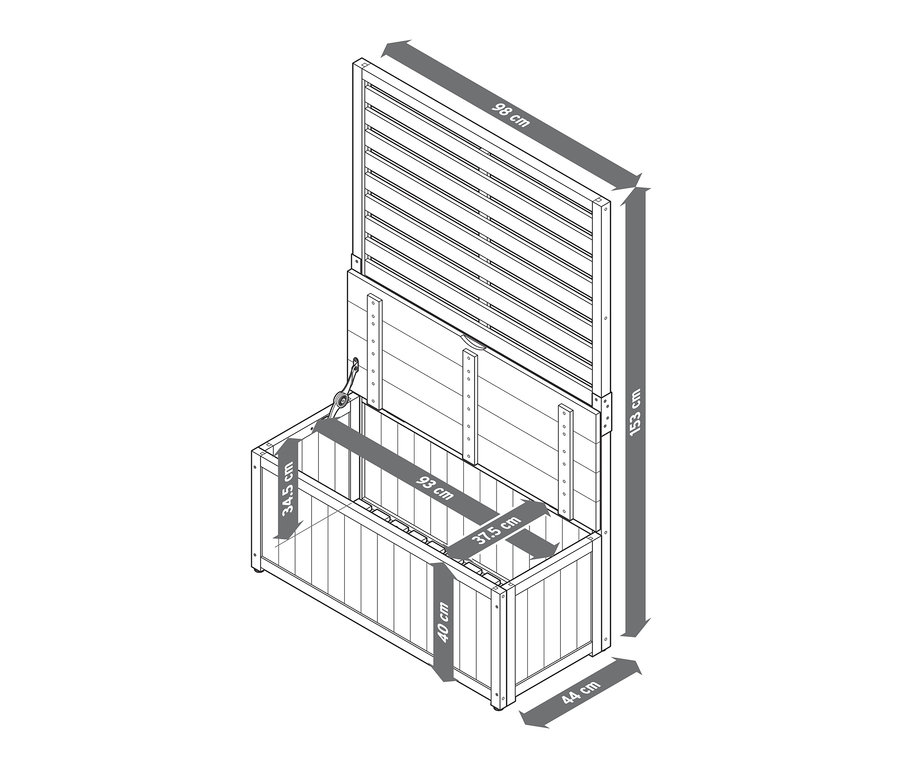 Schéma du module latéral de protection visuelle « Elin » avec banc de rangement, avec indication des dimensions.