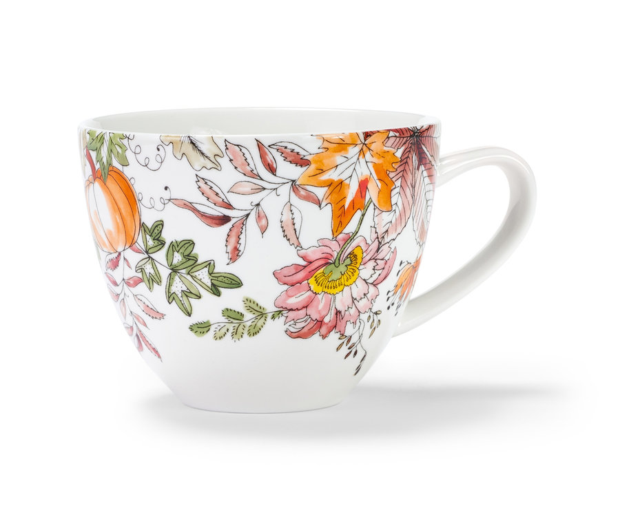 Une tasse XL blanche avec un motif floral d'automne.