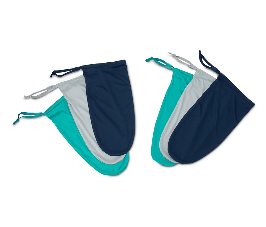 Six sacs à chaussures et à linge de voyage turquoise, gris et bleu marine.