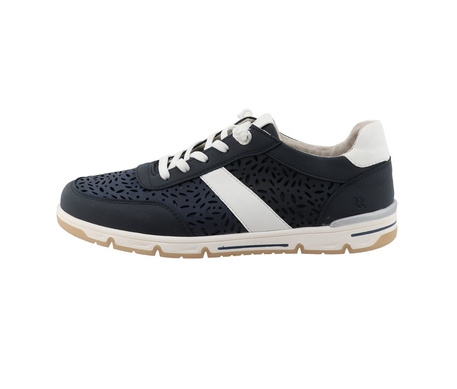 Vue détaillée de côté d'une basket Romika bleu marine en PU avec des lacets blancs.