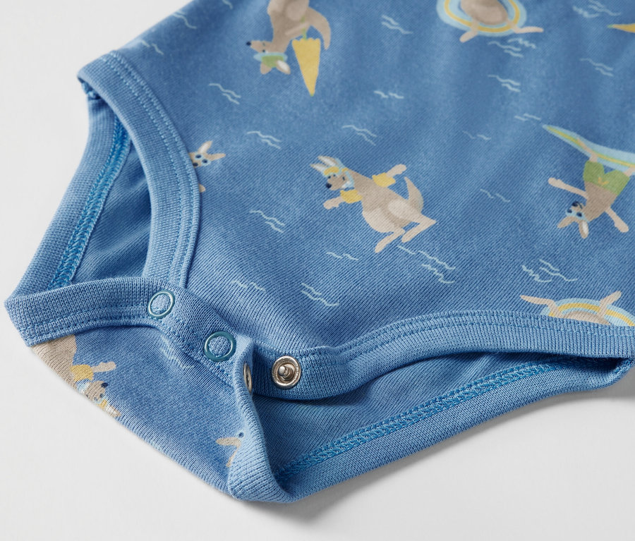 Gros plan sur un body bleu à manches courtes avec un imprimé de kangourous.
