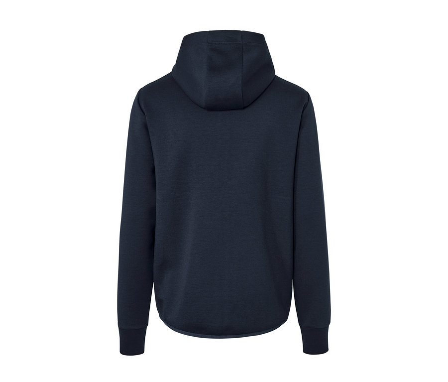 Vue arrière d'une veste de survêtement fonctionnelle bleu marine à capuche.