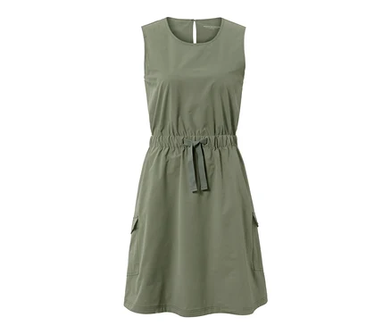 Robe fonctionnelle verte sans manches avec cordon de serrage à la taille et poches.