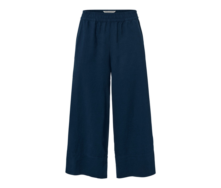 Pantalon palazzo bleu marine en mélange de lin avec taille élastique.